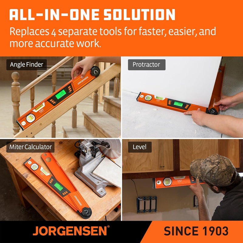 Jorgensen Digital Angle Finder, Multi Angle Finder Tool with Backlit LCD, Protractor Digital Level with Horizontal & Vertical Bubble - Image 3
